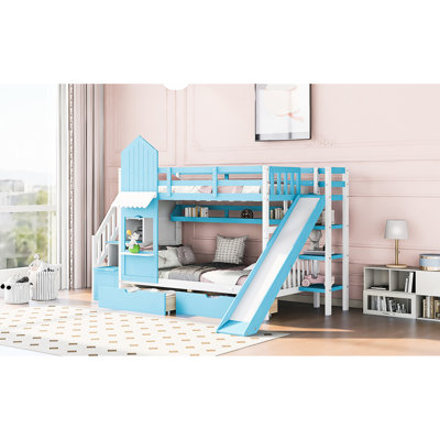 Twintwin Bunk Bed With Slide, 2 Drawers And 3 Shelves In Blue. Wood For Older Than 6. 106.3in.l X 76.6in.w 72.8in.h. 250lbs Weight Capacity Each Bed. No Box Spring Needed Blue Featuring Drawers,