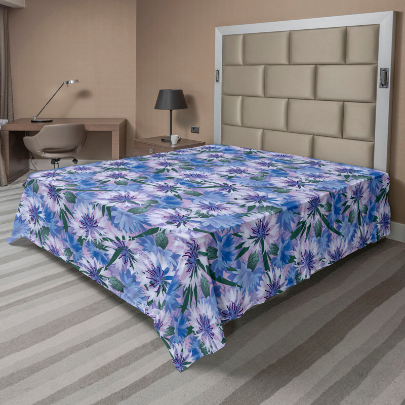 Drap plat Ambesonne bleuet, scène moderne, fleurs, lavande, bleu, mauve pâle