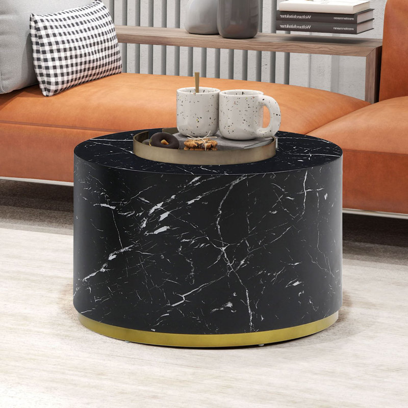 Round Cocktail Table with Manufactured Wood Table Top, 15.7" H x 23.6" L x 23.6" W, Black