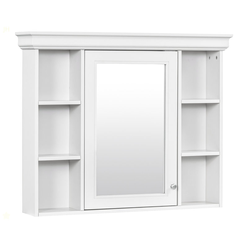 Armoire de rangement murale blanche 35 po x 28 po avec porte miroir, armoire de salle de bain moderne avec miroir, armoire à pharmacie avec 6 tablettes ouvertes