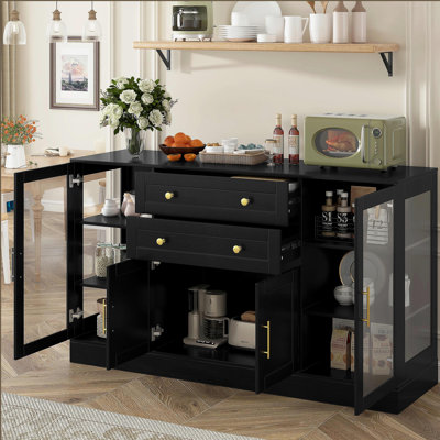 Modern Buffet Sideboard with 4 Doors & 2 Drawers, Adjustable Shelves, Power Outlet, Acrylic Panels, Aluminum Alloy Handles, Storage Cabinet for Dining Room, Living Room and Kitchen