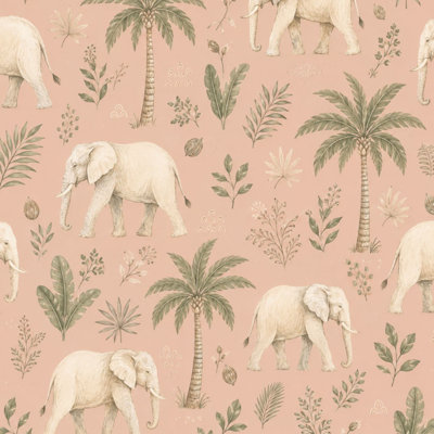 Peel and Stick Wallpaper Seamless Elephant Palm Tree Soft Peach Contact Paper Removable Self Adhesive Wall Mural Wall Decor for Bedroom Kitchen Cabinets 17.7in x 118in