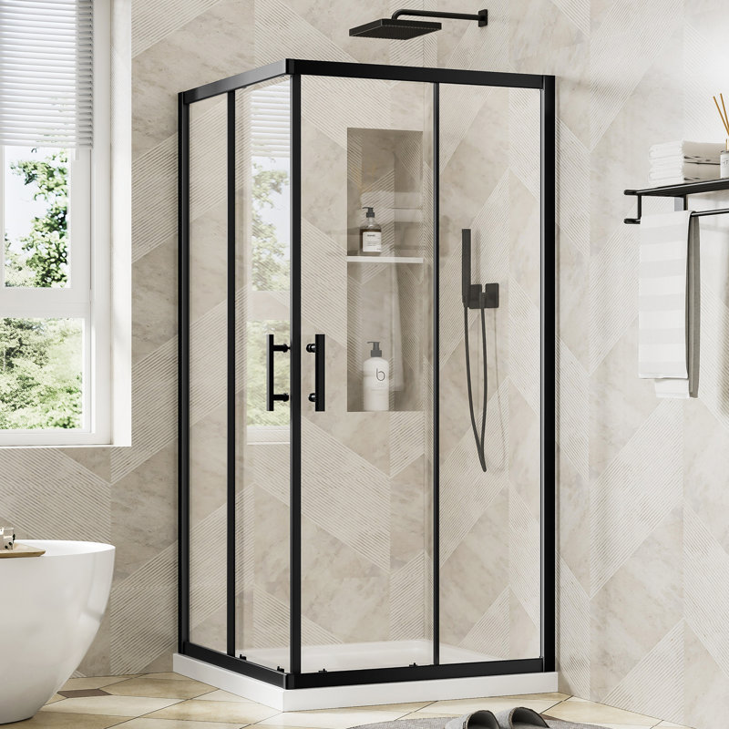 Cabine de douche d'angle noir mat 91,4 cm x 91,4 cm x 182,9 cm, double porte coulissante, verre trempé de sécurité de 6,35 mm avec pellicule incassable, largeur ajustable, conception résistante à l'eau