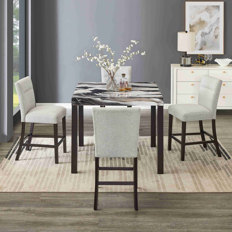 Table de salle à manger à hauteur de comptoir moderne en faux marbre avec 4 tabourets