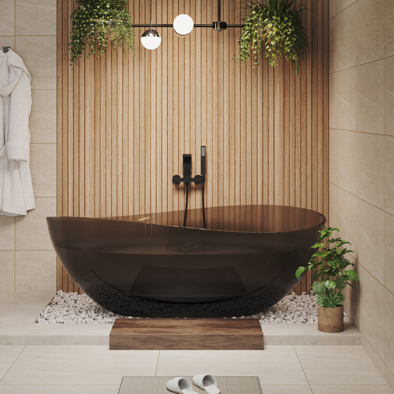 Marfa 63'' x 37'' Oval Wave Semi Transparent Resin Freestanding Soaking Bathtub, Black
