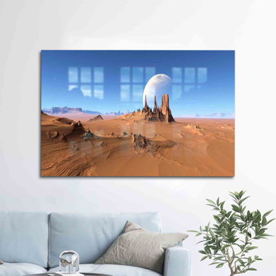 Moon Over Desert View Glass Wall Art Featuring An Abstract Planet Landscape For Elegant Wall Decoration