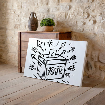 La toile crée une illustration fantaisiste d'une urne caractérisée par un art mural, des lignes tracées à la main et un style ludique et lustré sur toile