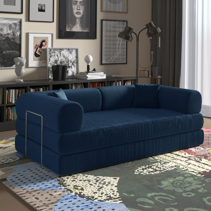 Jairden Corduroy Sofa Bed In A Box, Convertible Modern Foldable Sofa (with 2 Throw Pillows), Blue