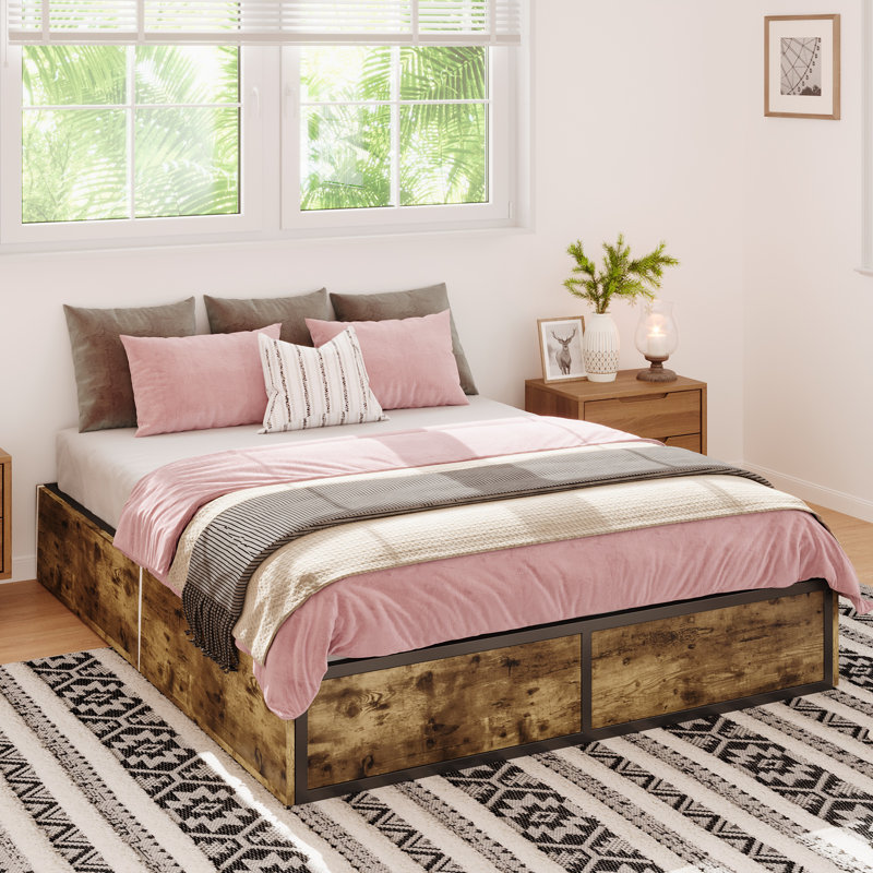 Platform Bed with Storage, 2 Large Customizable Drawers,No Box Spring Needed, Queen, Dark Walnut