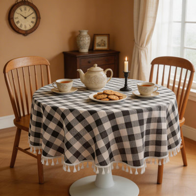 Black Checkered Round Tablecloth 60", Washable Cotton Linen Buffalo Plaid Table Cover With Tassels, Gingham Tablecloth For Kitchen & Dining Room, Fits 30-48" Table