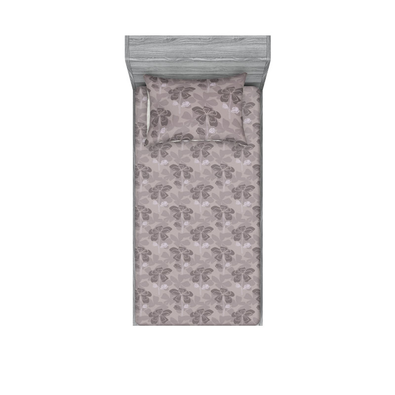 Ambesonne Fitted Sheet & Shams, Twin Sheet Set with 1 Pillowcase, Mauve/Taupe Flower