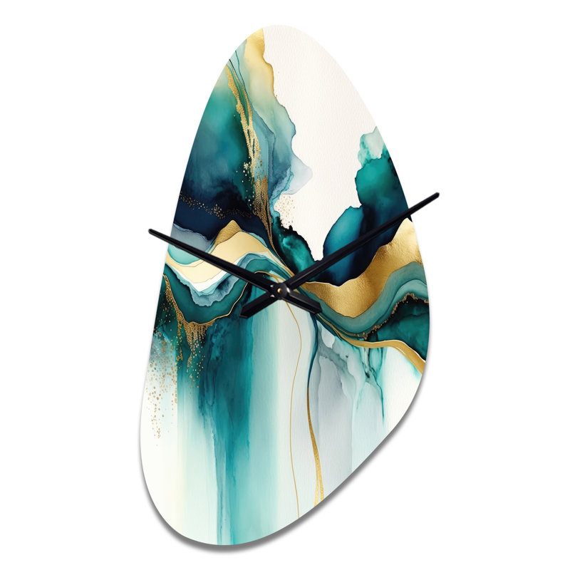 Bleu sarcelle et or abstrait Expression I - horloge en métal à encre liquide, horloge murale asymétrique turquoise, Moyenne