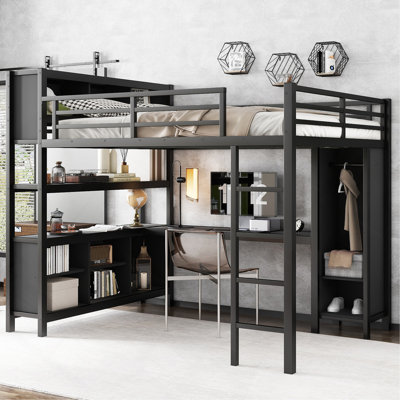 Metal Loft Bed With Wardrobe And L-Shaped Desk, Queen Size Loft Bed With Storage Cubes And Shelves, Heavy Duty Loft Bed For Teens Adults