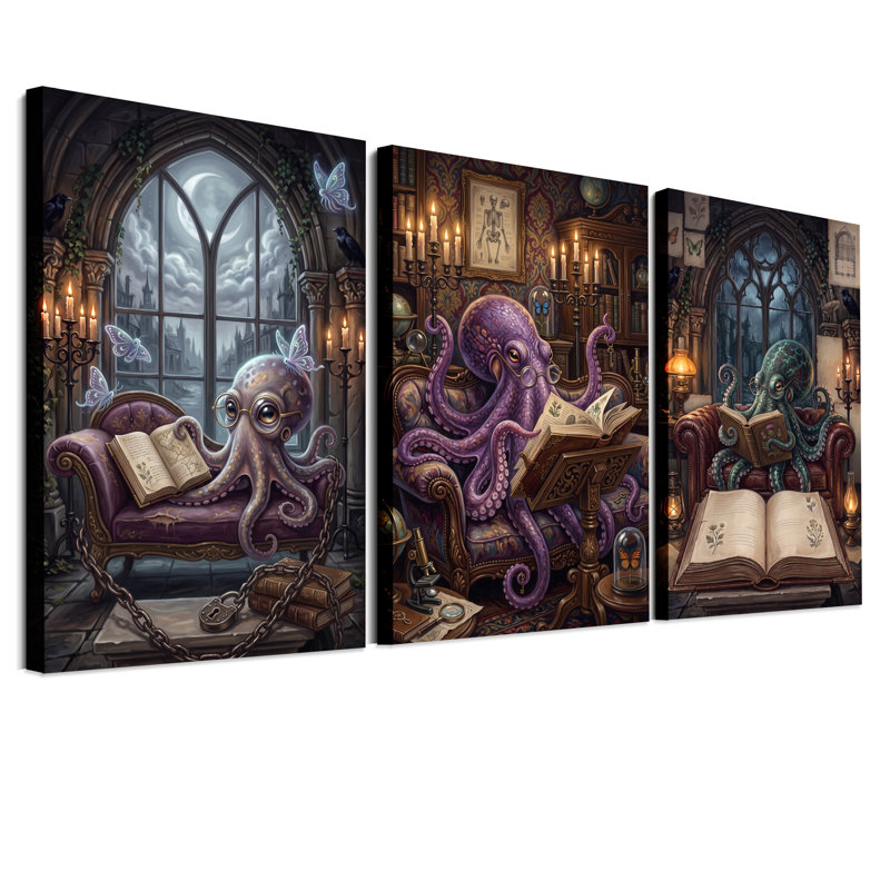 Ensemble de 3 toiles murales représentant trois pieuvres lisant des livres pour l'Halloween, 18"H x 12"W x 3pcs