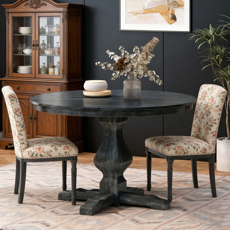 Round Pedestal Dining Table, Charcoal Grey Solid Wood & MDF Construction With Pedestal Base, Modern Farmhouse Style For Dining Room