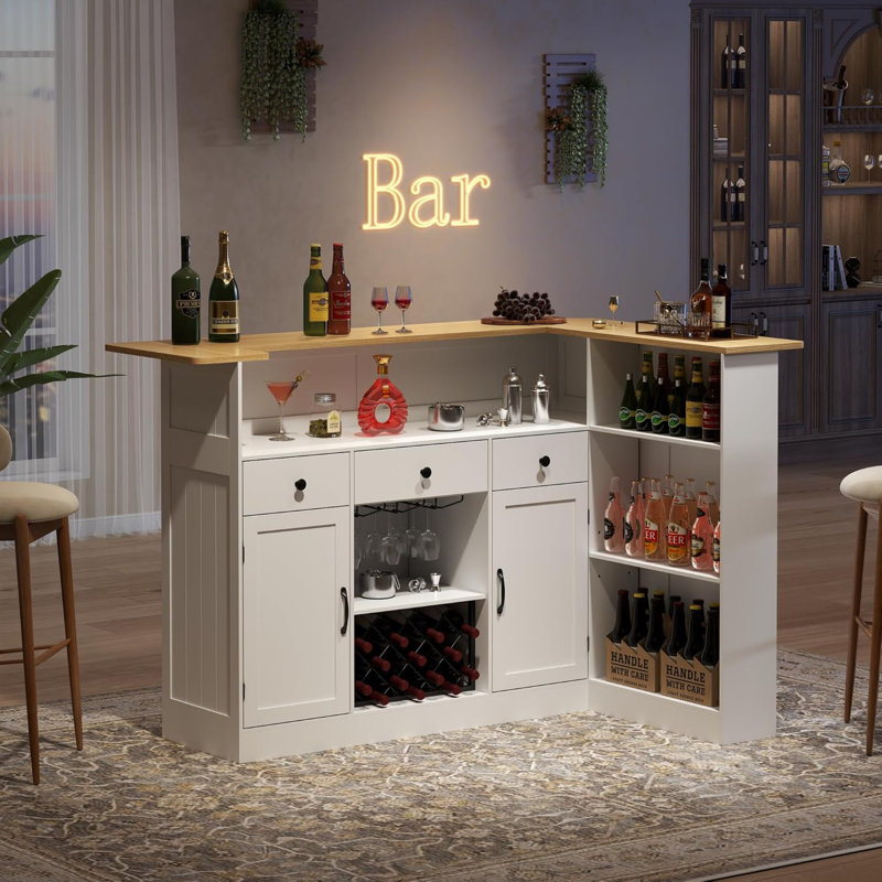 Bar Cabinet, L-Shaped Home Bar Table With Drawers And Doors