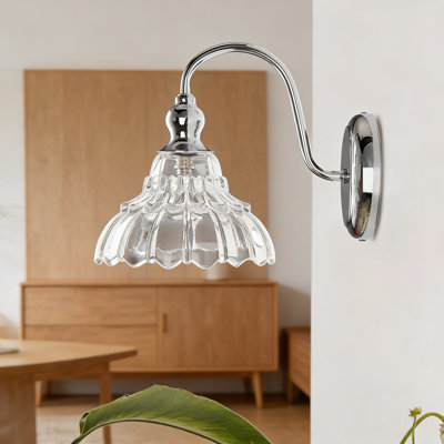 Modern Chrome Wall Sconce Light Fixture For Bathroom Vanity, Bedroom, And Dining Room - Single Light With Patterned Glass Shade, Easy Installation