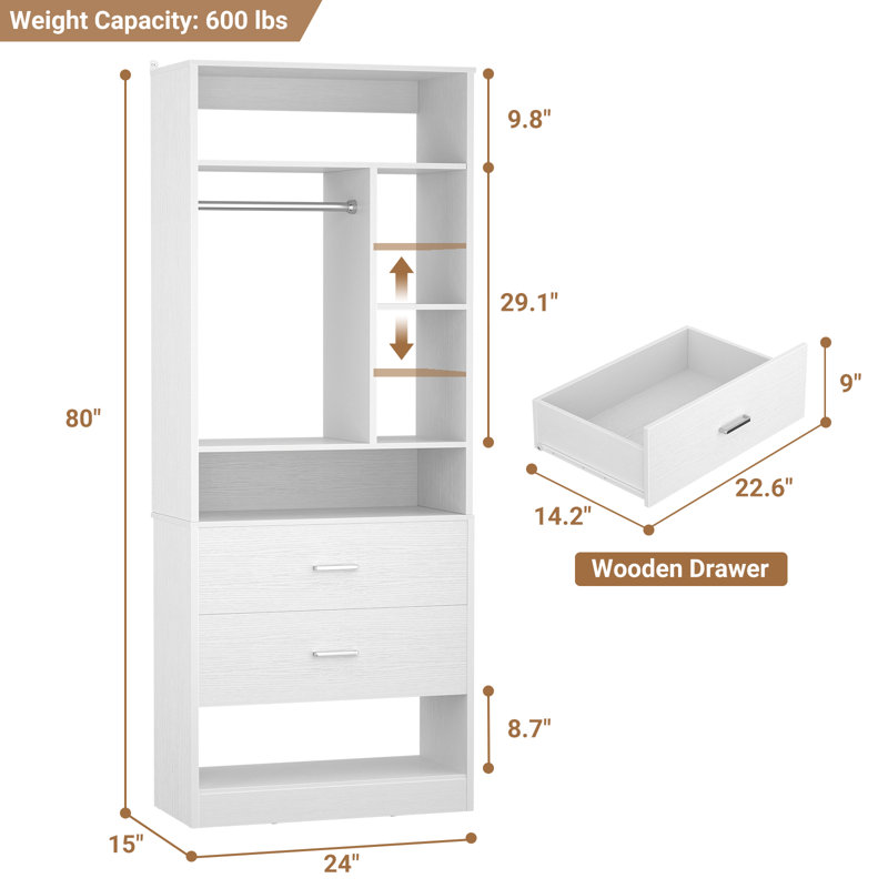 80″ H Bathroom Cabinet With 2 Drawers, Freestanding Bathroom Shelves, White