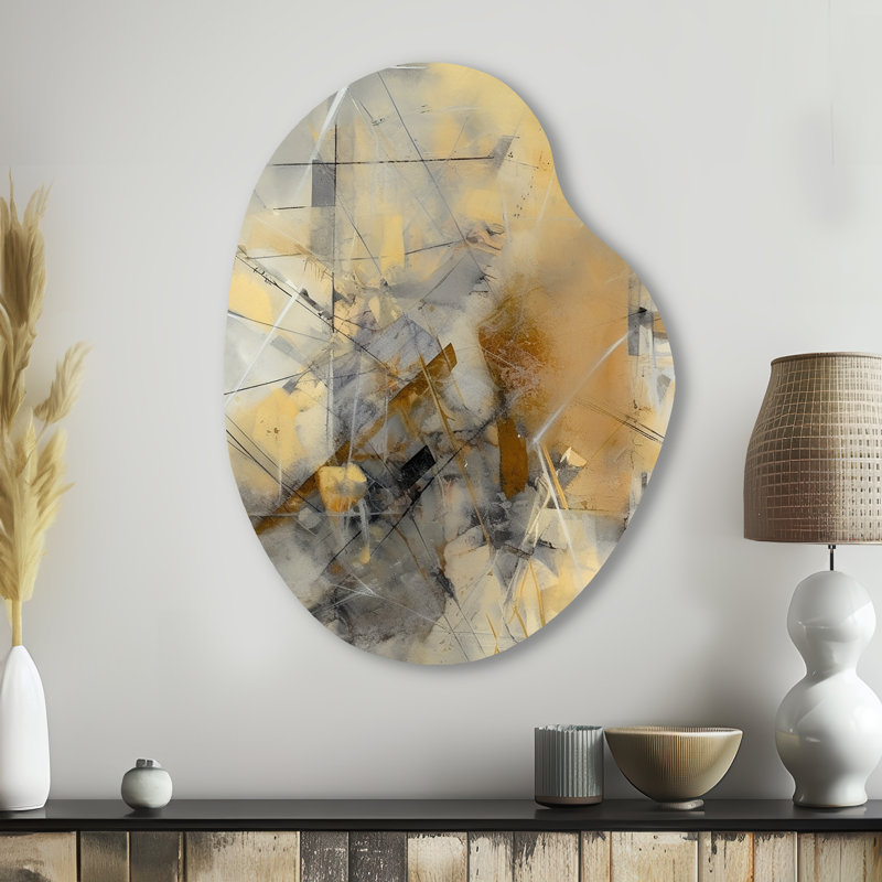 Jaune et gris au-delà de la toile II - peinture abstraite, art mural en métal de forme unique, H 38 po x l 28 po