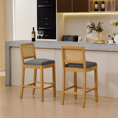 Rattan-Back Bar Stool, Linen Cushion With High-Resilience Foam & S-Springs