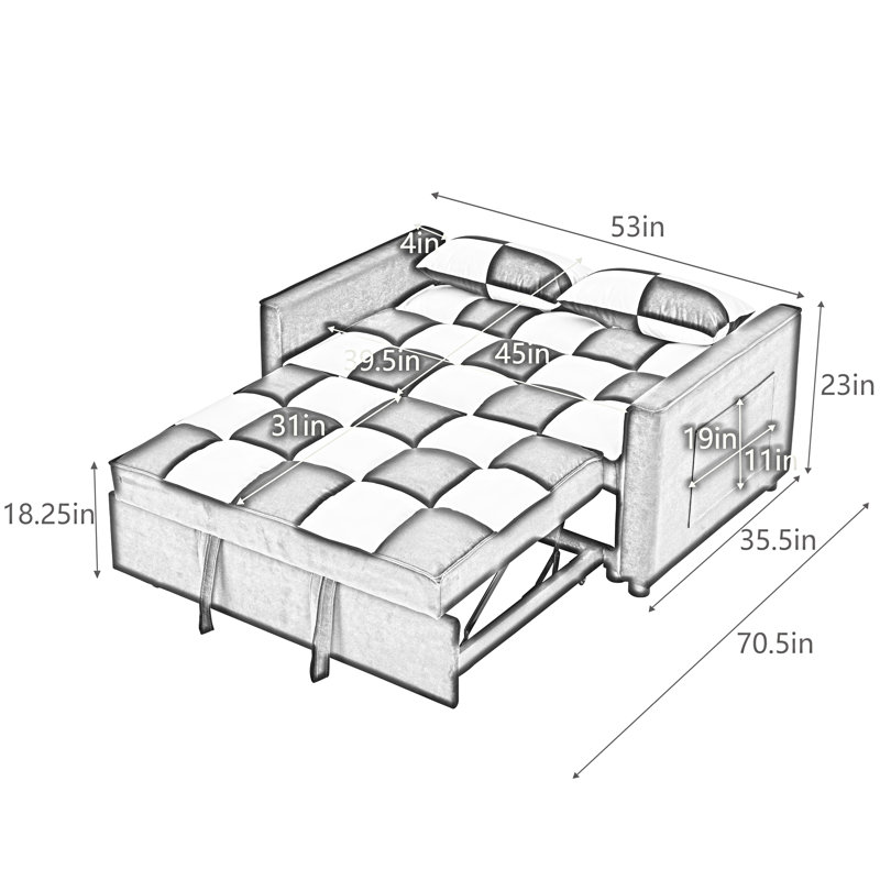 Tufted Pull-Out Sofa Bed with Adjustable Backrest And Pillows, Convertible Loveseat Sofa Couch, Black/White