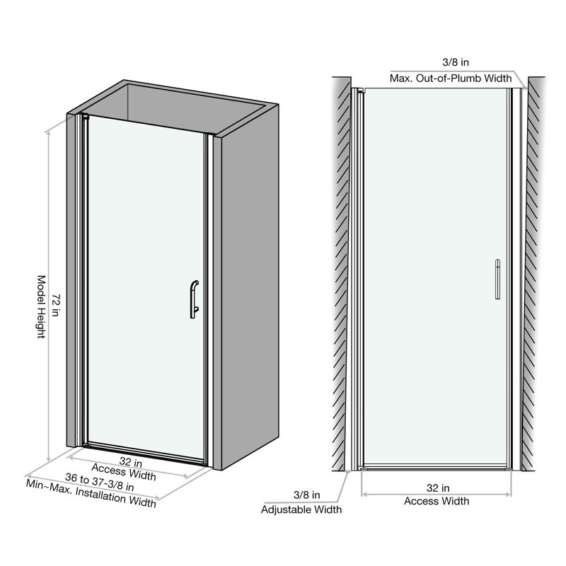 - l 72 po x H 72 po Porte de douche pivotante semi-sans cadre avec