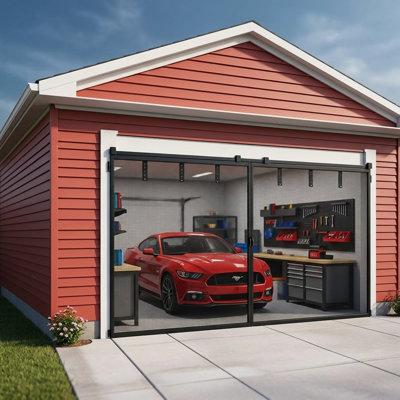Garage Door Screen 1 Car 10x8ft Heavy Duty Fiberglass Mesh with Hook Loop Tapes Magnets Easy Assembly Black