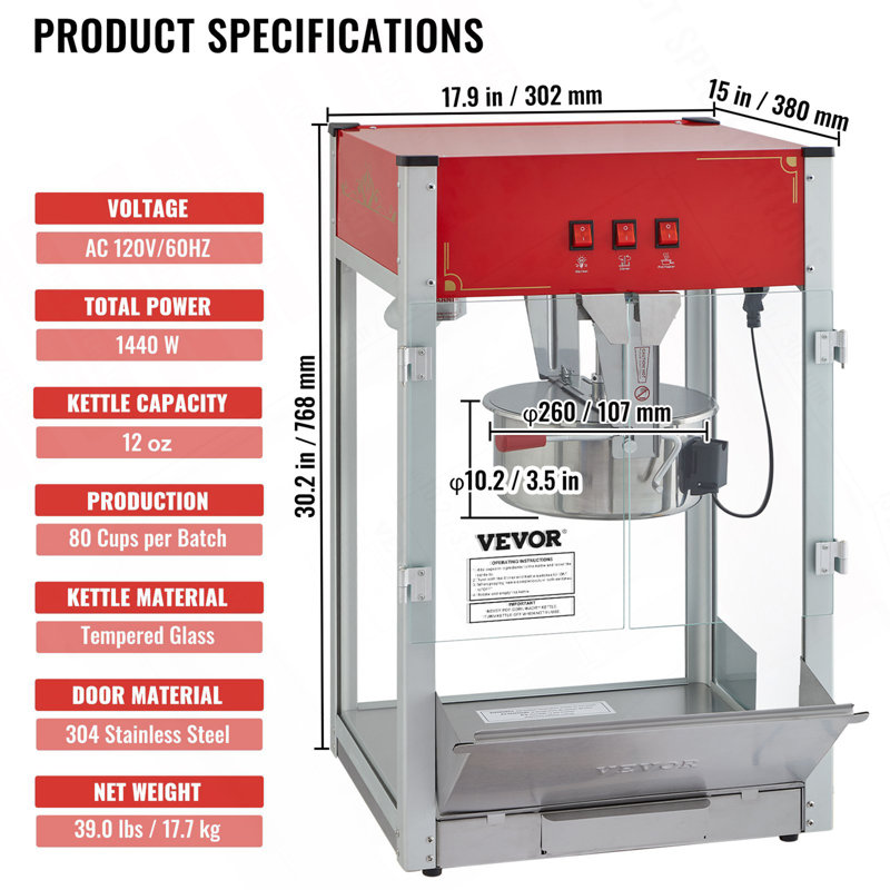 Popcorn Popper Machine 12 Oz Countertop Popcorn Maker 1440W 80 Cups Red