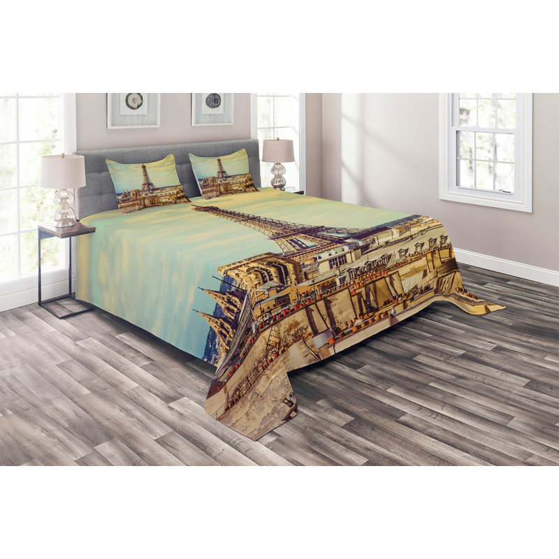 Eiffel Tower Eclectic Polyester Coverlet, Queen Bedspread + 2 Shams