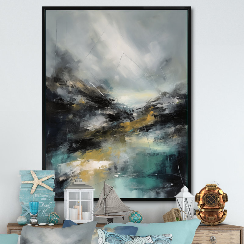 Borrelli paysage marin abstrait III, H 40 po x l 30 po x P 1,5 po, Cadre flottant noir
