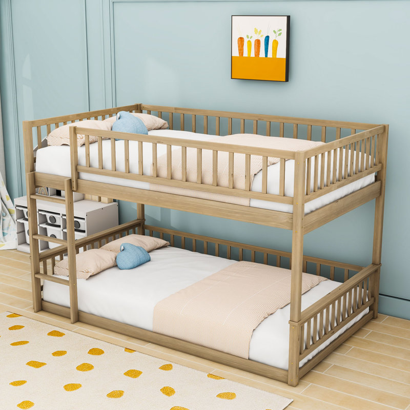 Wood Queen Over Queen Bunk Bed With Ladder And Guardrails, Splitable Into 2 Beds, Walnut