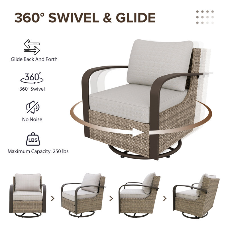 Beige and Brown Steel Wicker Swivel Rocking Chair with Cushions