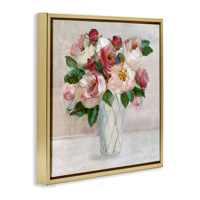 Bouquet de roses roses et rouges, Cadre flottant métallique doré, H 25 po x l 25 po