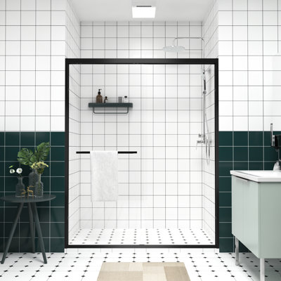 56 - 60"x74" Double Sliding Shower Door With Black Hardware, Chamfer Edged Glass, Rust Handle, Reversible Installation For Bathroom Safe Design