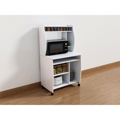 White Microwave And Coffee Machine Cart With Shelves Spice Rack, Mobile On Four Locking Wheels, 74 Lb Weight, 52.57 In Tall Utility Rack Castors, For Microwave, Coffee, Computer Organization, 19.23