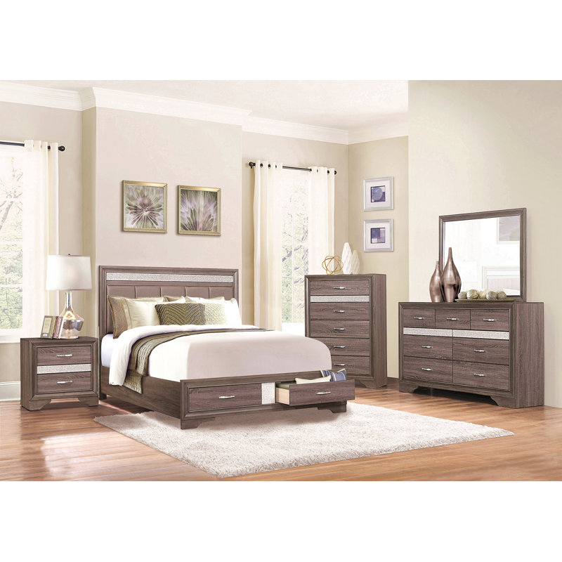 Grand lit plateforme avec tête de lit tapissier avec tiroirs de pied de lit, paillettes grises et argentées, mobilier de chambre contemporain