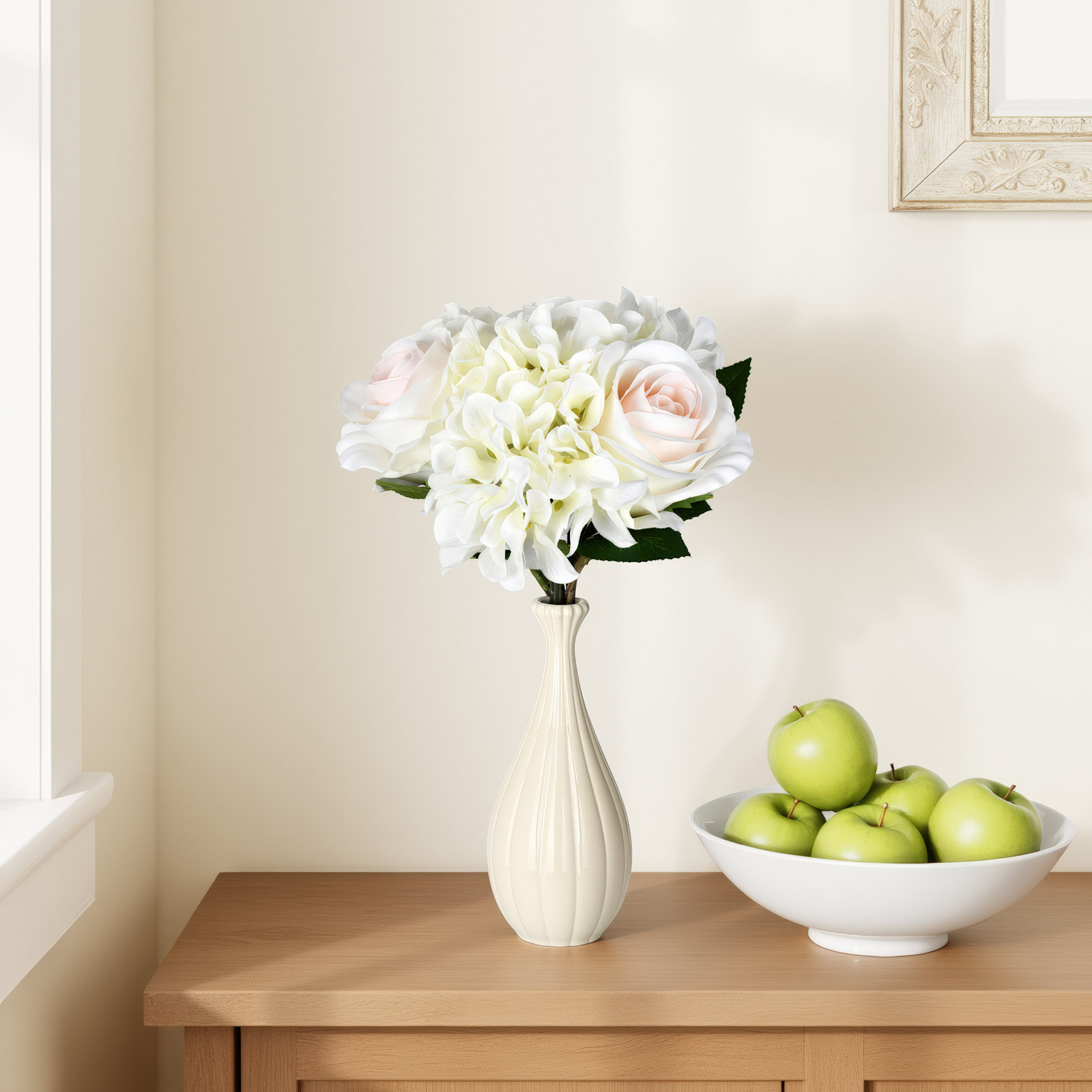 14" Artificial Rose and Hydrangea Bundle, White