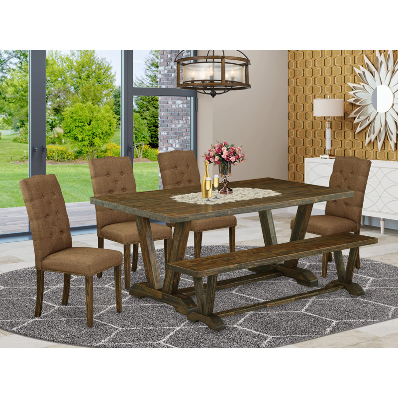 Ensemble de 6 chaises de salle à manger en tissu de lin et dossier capitonné à boutons beige brun, banc Jacobean patiné et table de cuisine rectangulaire en bois avec pieds en bois - Finition patinée Jacobean