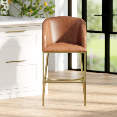 Tabouret de bar 31 po en similicuir brun tabac avec structure en acier doré, design élégant rembourré, 26 ou 31 sièges de hauteur, courbé pour le confort, îlot polyvalent moderne et deux hauteurs disponibles, intégré
