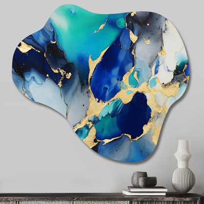 Blue and Gold Luxury Abstract Fluid Art X - Asymmetrical Fractals Metal Wall Art, Cloud Metal Wall Sculpture Print