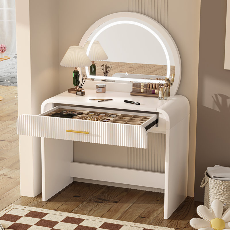 39" Makeup Vanity Table with Mirror Touch Screen Lighted Mirror, Dressing Table with Drawer for Bedroom, White