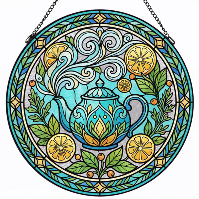 Teapot Lemon Stained Glass Window Panel，12"H