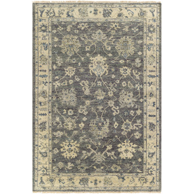 Tapis oriental gris anthracite / bleu / jaune en laine noué à la main Airlia