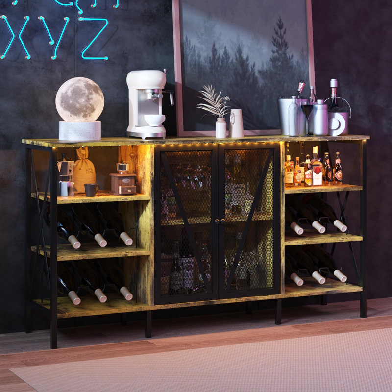 55.1" Industrial Wine Bar Cabinet with LED Lights and Glass Holder Sideboard Buffet Table, Brown