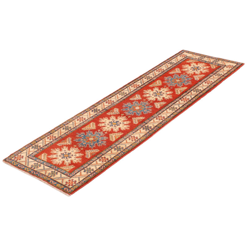 Tapis de couloir unique en laine noué à la main 2 pi 10 po x 9 pi 3 po nouvel âge Achintya crème / bleu foncé / orange clair