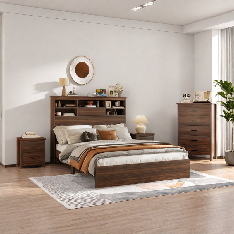 Ensemble de chambre à coucher 4 pièces, lit en bois avec tête de rangement et station de charge, 2 tables de chevet avec 2 tiroirs, 1 commode avec 5 tiroirs