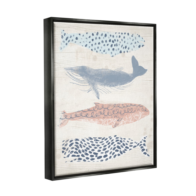 Baleines à motif maritime par June Erica Vess, H 21 po x l 17 po x P 1,7 po, Cadre flottant noir de jais