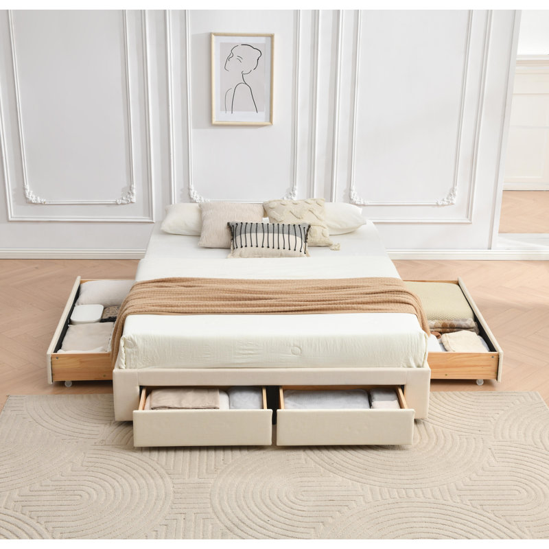 4 Drawer Upholstered Platform Storage Bed, Queen, Beige