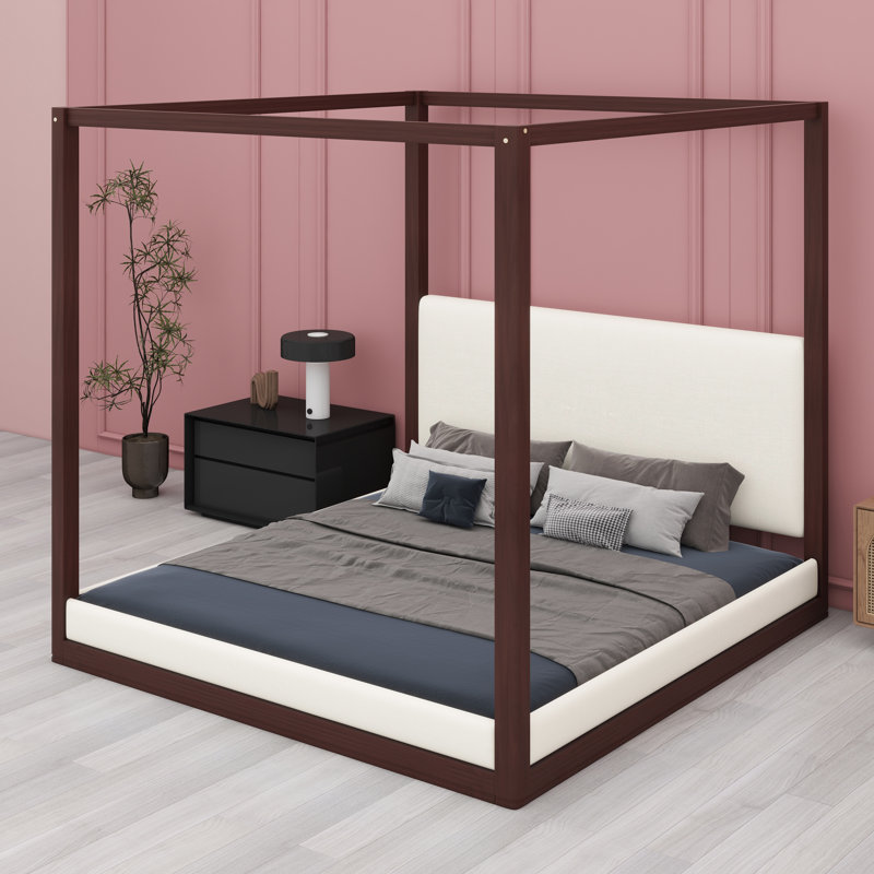 Élégante base de lit à baldaquin avec tête de lit rembourrée pour une chambre luxueuse, King, Espresso