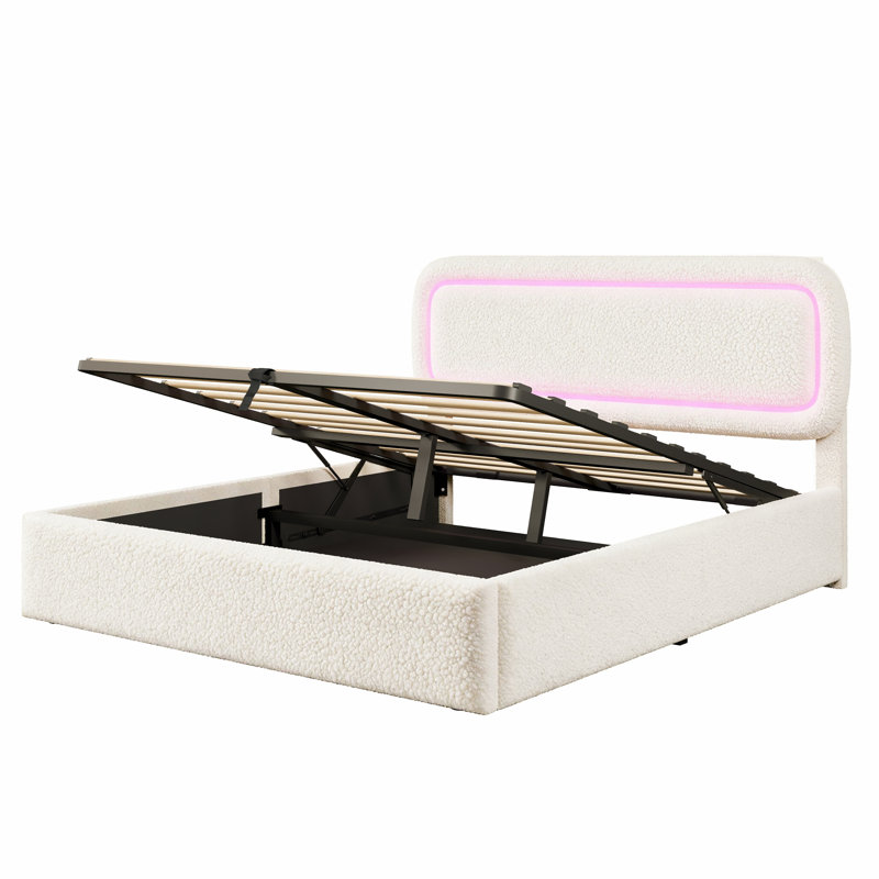 Boucle Ottoman Hydraulic Storage Bed with Smart RGB LED Light & Charging Station, USB and Type - C Ports, Double (4'6)